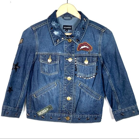 Ranbeeri embellished novelty medium wash button up denim jean jacket small B122 - Picture 1 of 7